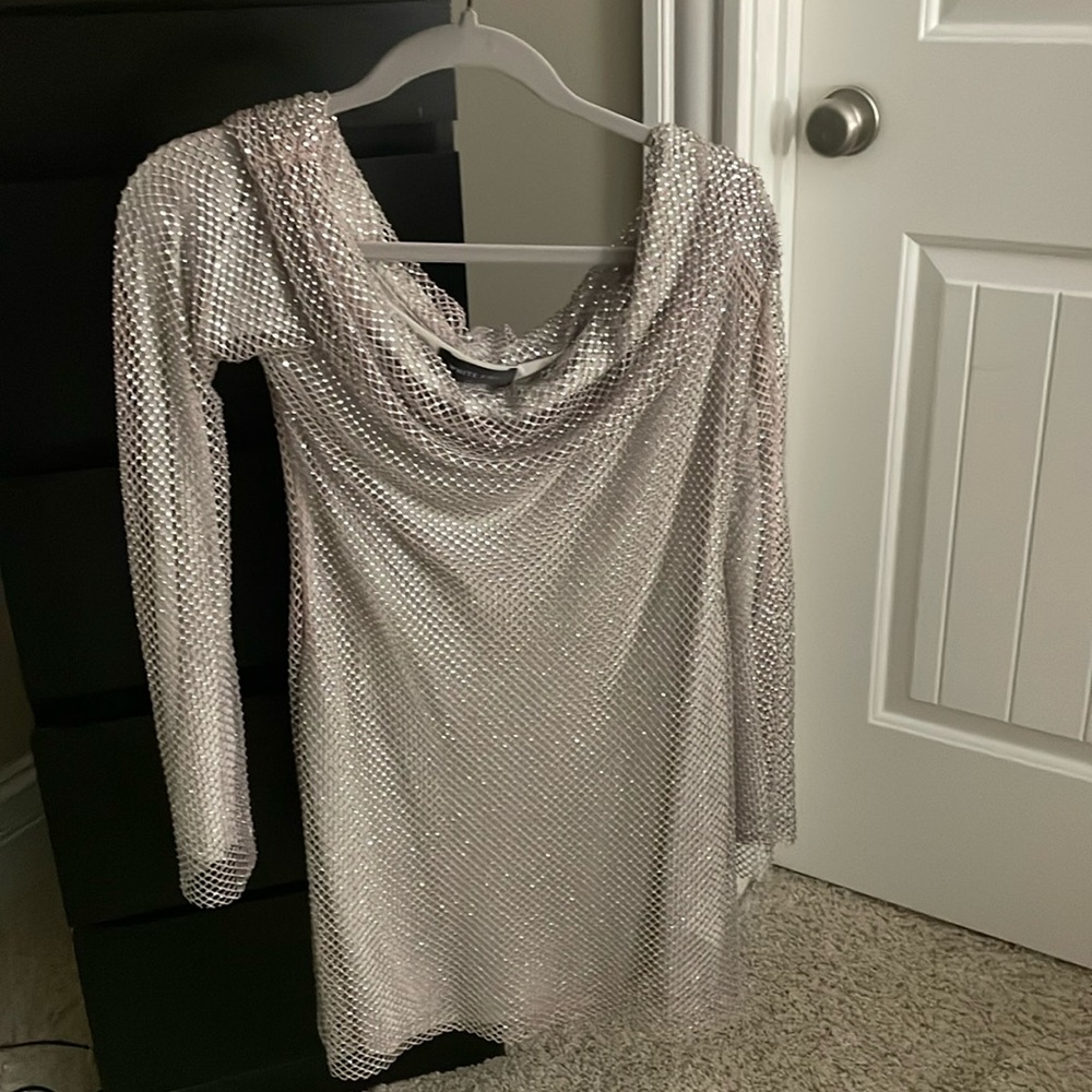 White fox, silver, off the shoulder dress, worn ONCE! size medium!